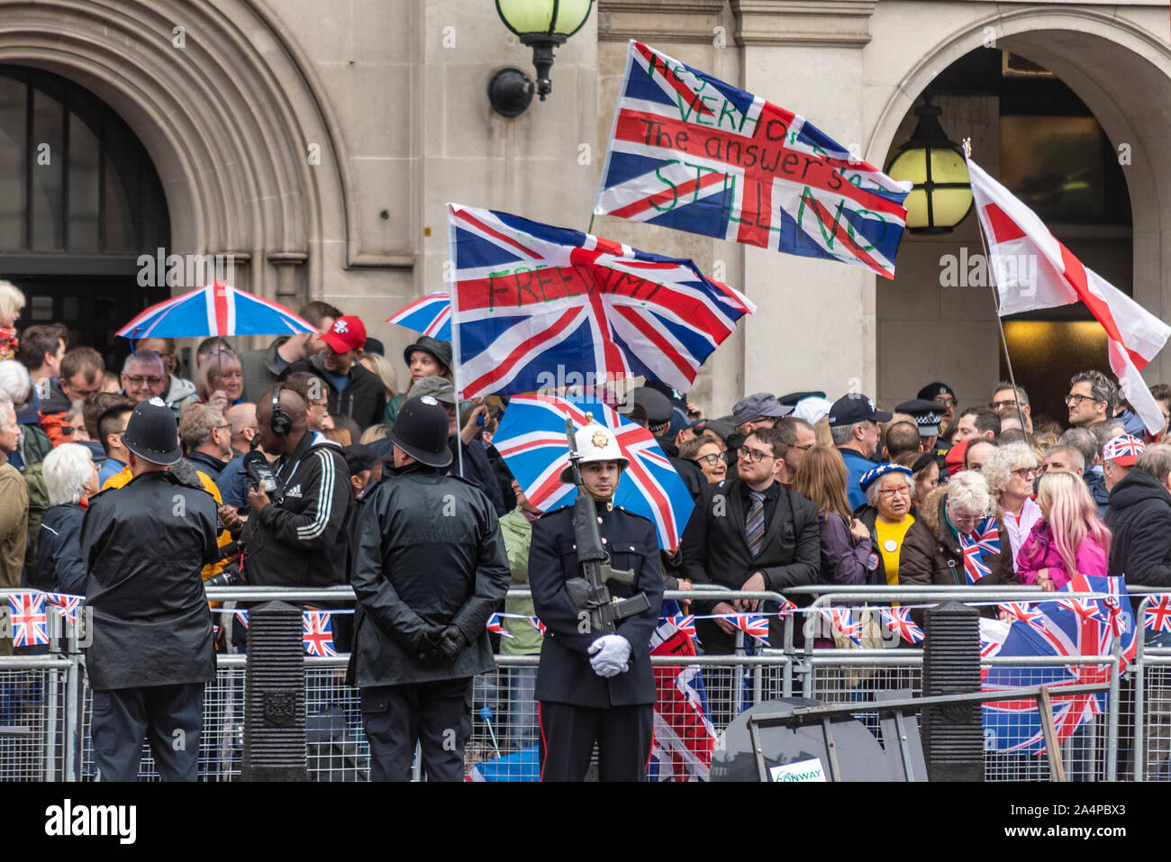 Brexit protests prior to the State opening of Parliament 2019, Westminster, London, UK. Union Jack flags Stock Photo