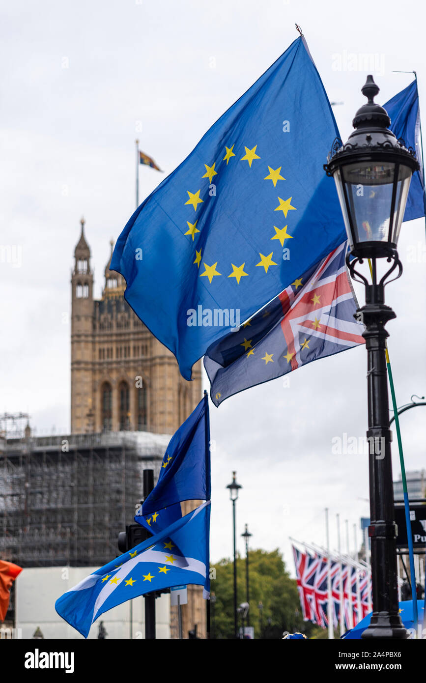 Brexit protests prior to the State opening of Parliament 2019, Westminster, London, UK. European Union flags outside the Palace of Westminster Stock Photo