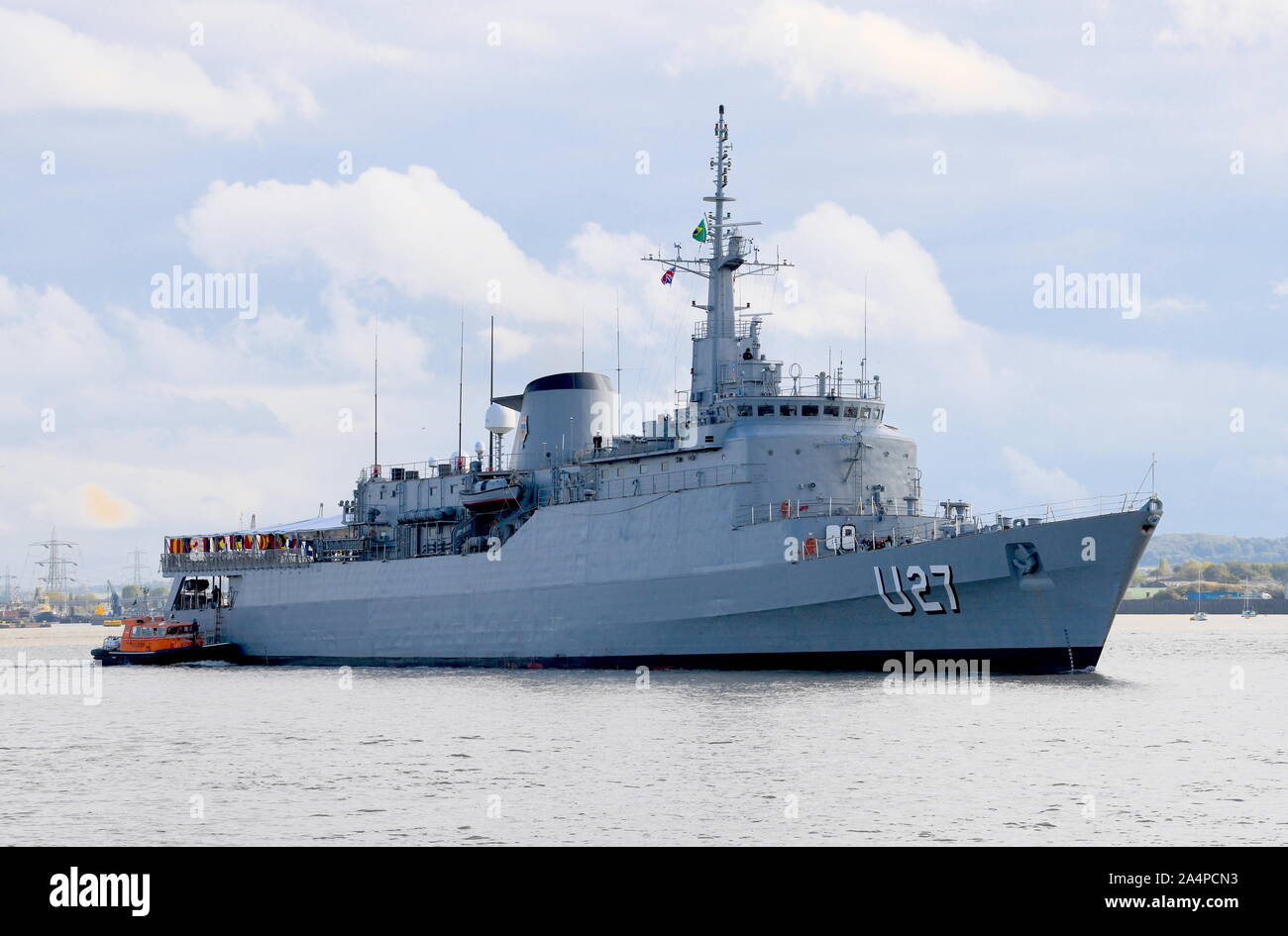 NS Brasil  is a training vessel for officer of the Brazilian Navy and associated maritime academies. The vessel is pictured on the Thames.Thames. Stock Photo