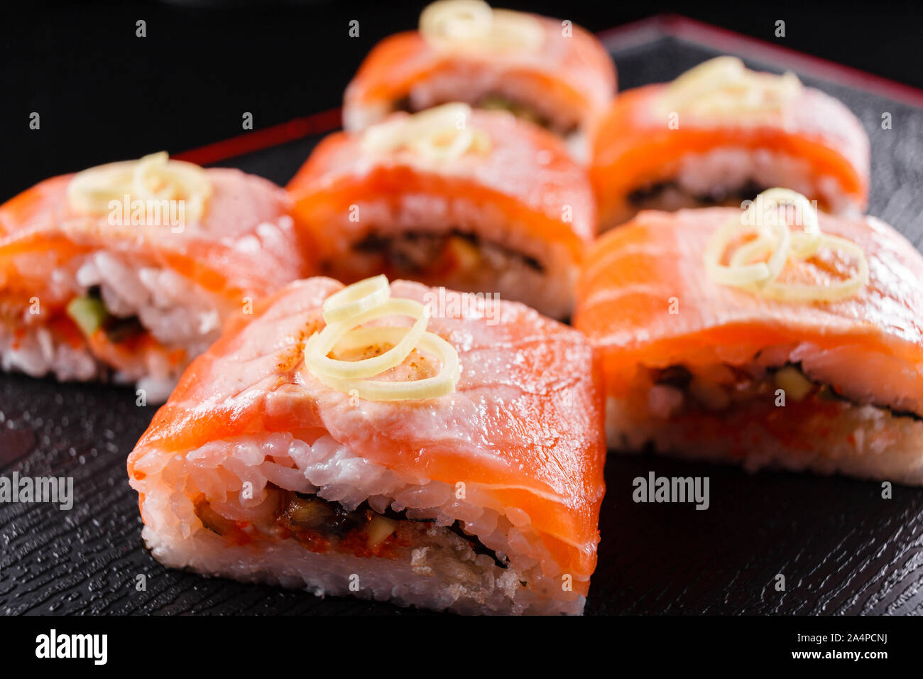 Japanese food, tasty of meal for lunch. Seafood. Sushi with eel, salmon