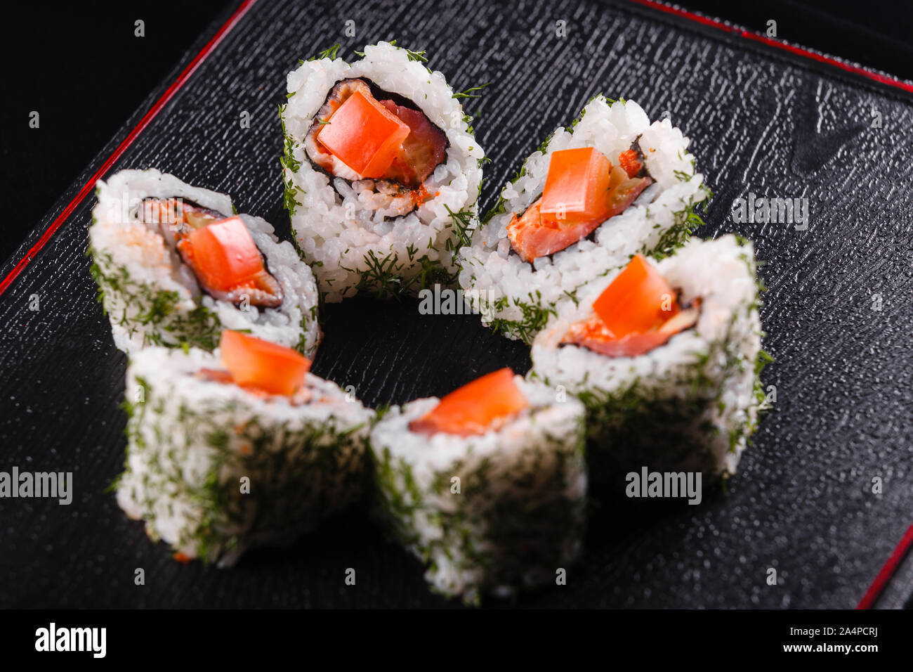 Japanese food, tasty of meal for lunch. Seafood. Sushi with eel, salmon