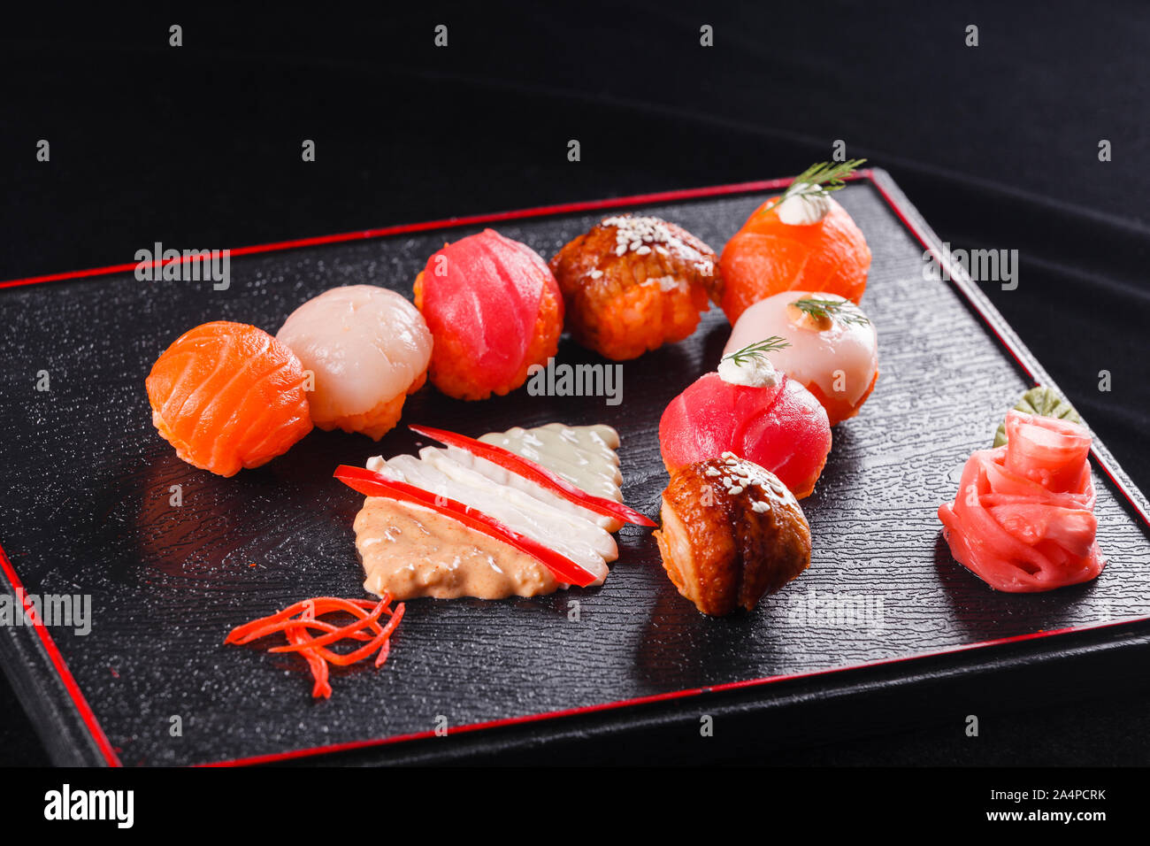 Japanese food, tasty of meal for lunch. Seafood. Sushi with eel, salmon