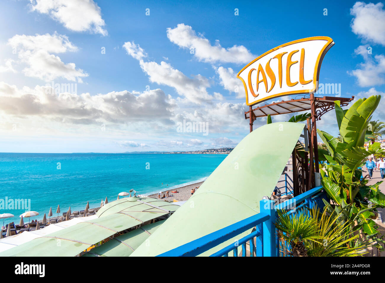 The entrance to Castel Beach and Castel Plage on the Promenade along the Bay of Angels on the Mediterranean Sea in the French Riviera of Nice France. Stock Photo