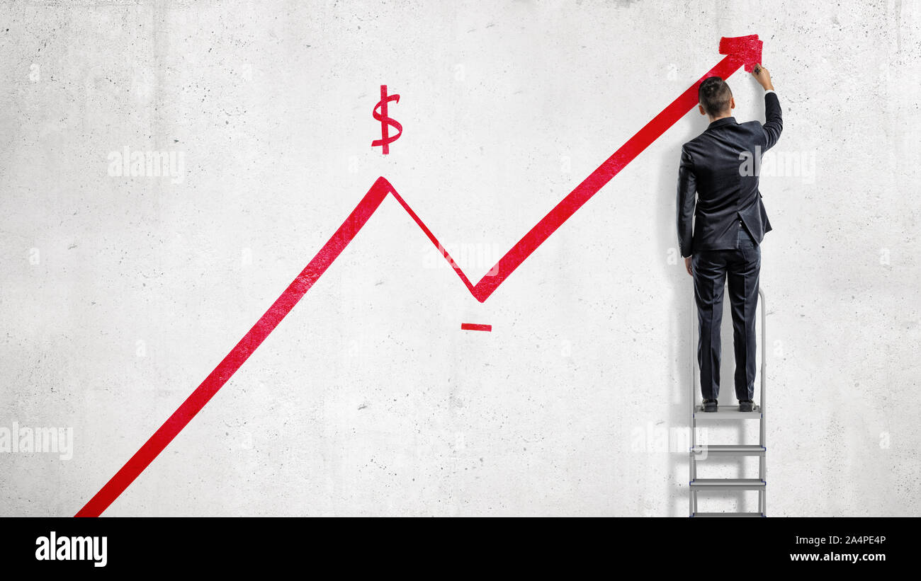 A Businessman Stands On A Step Ladder And Draws A Red Statistic Arrow Moving Up With A Dollar Sign Stock Photo Alamy