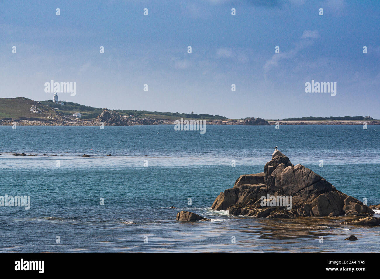 The view from Peninnis Head, St Mary's across to Gugh and St Agnes in the Isles of Scilly Stock Photo