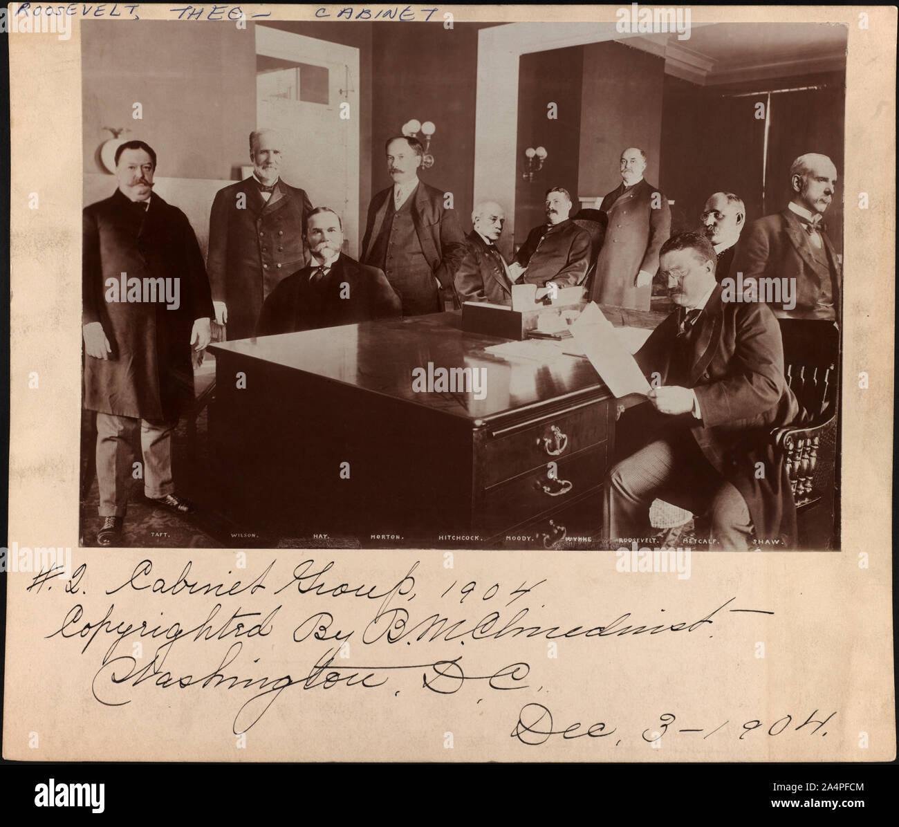 U.S. President Theodore Roosevelt seated at Desk Reading, Surrounded by Superimposed Images of his Cabinet Members, Washington, D.C., USA, Photograph by Barnett McFee Clinedinst, December 3, 1904 Stock Photo