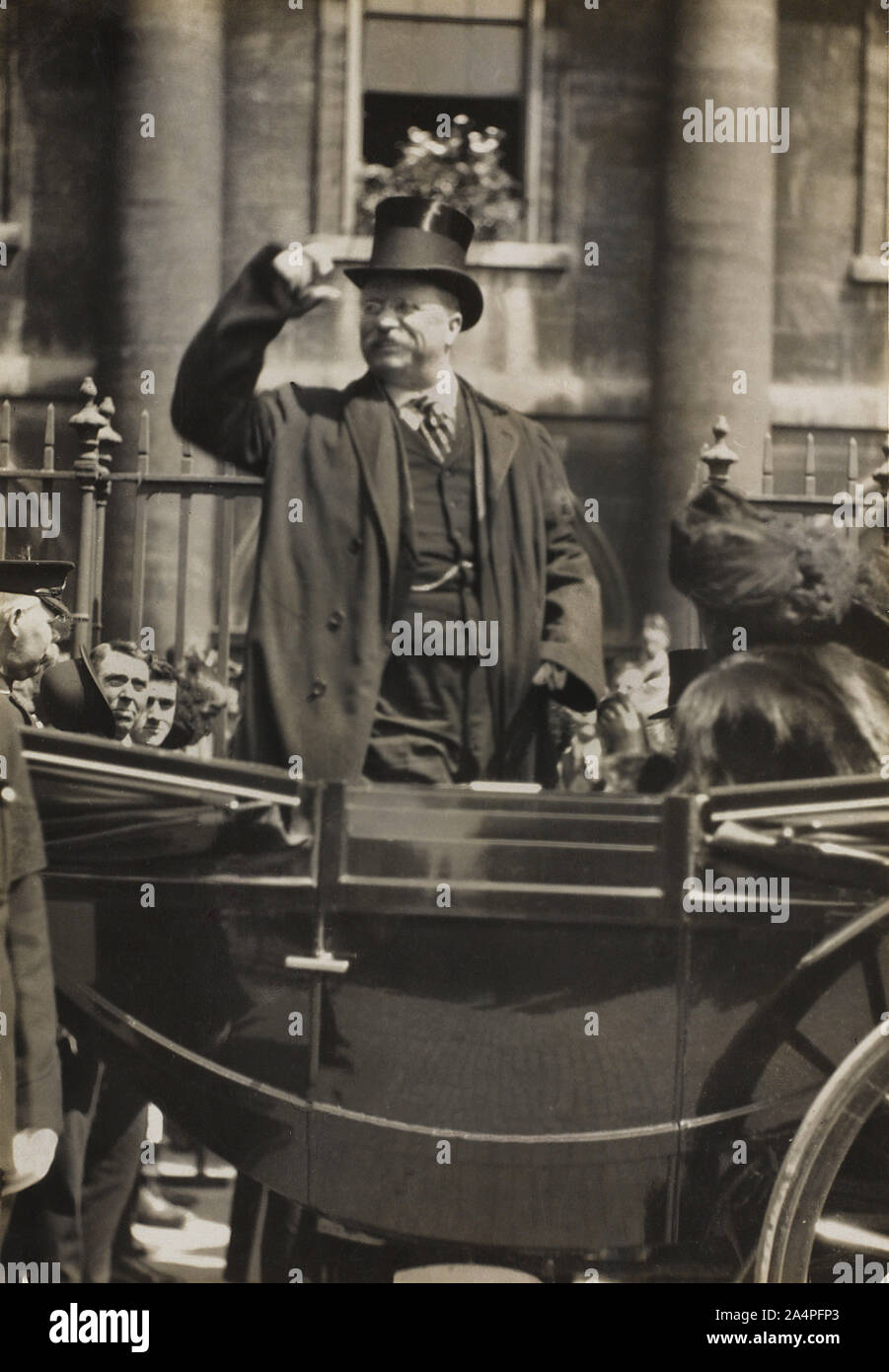 Theodore Roosevelt Saluting Crowd during Public Appearance, New York City, New York, USA, American Press Association, July 1910 Stock Photo