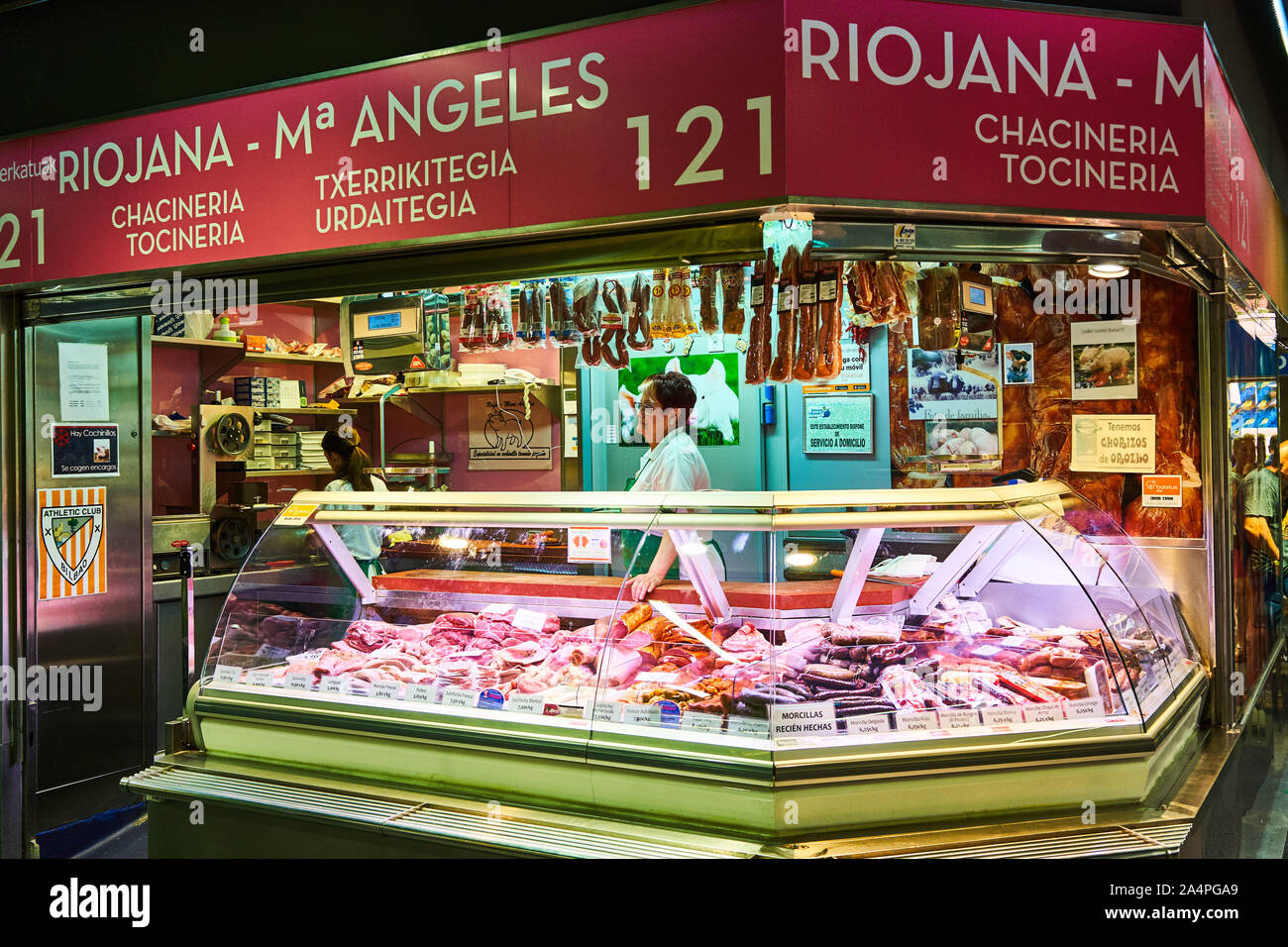 A cured meat stall at La Ribera market in the Old town of Bilbao, Spain Stock Photo
