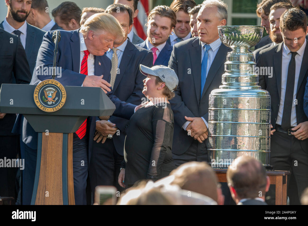 President Donald J Trump welcomes the Stanley Cup Champions, St Louis Blues to the White House during a ceremony in the White House Rose Garden. Stock Photo