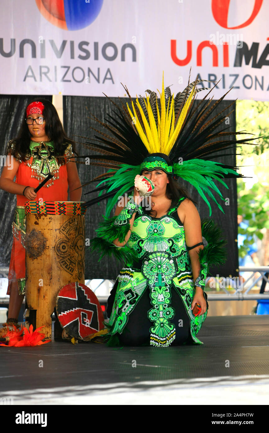 Calpulli Tomantzin Aztec group at the Tucson Meet Yourself Folk Festival in Arizona Stock Photo