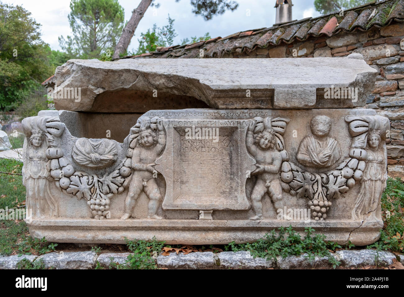 Aphrodisias (Afrodisias) Ancient City in Caria, Karacasu, Aydin, Turkey. Ancient gods relief on tomb. Aphrodisias was named after Aphrodite, the Greek Stock Photo