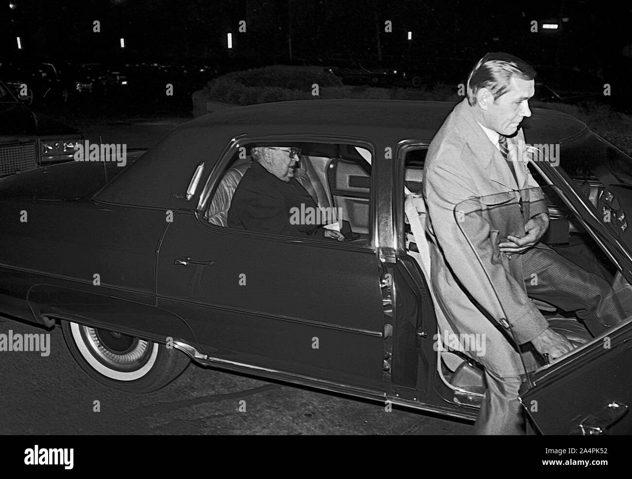 Washington DC, USA, December 3, 1983 Soviet Ambassador the United States Anatoly Dobrynin is in the back seat of his limosine accompanied by his KGB security escort as he leaves the evening reception at the United States State Department for the Kennedy Center Honors Stock Photo