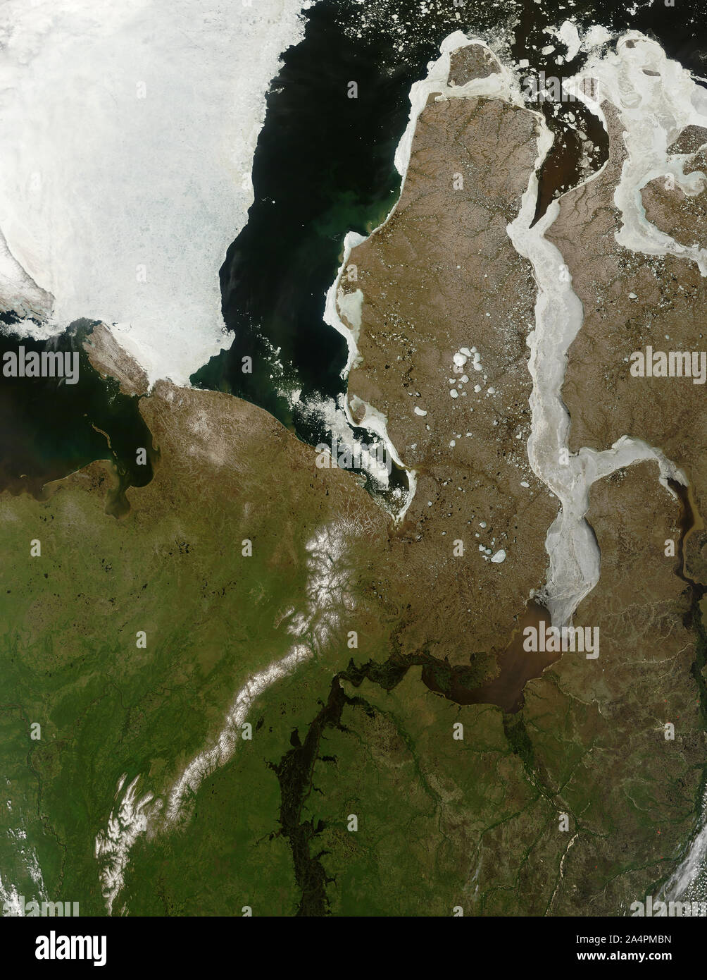 Satellite view of ice jams along the Ob River, early summer, Western Siberia, Russia, June 29, 2007, b NASA/Jeff Schmaltz/DPA Stock Photo