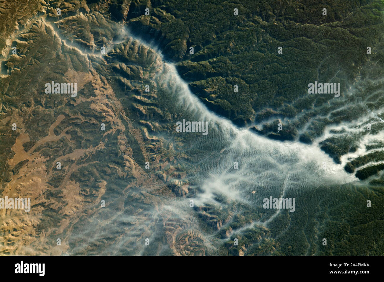 Wildfires, smoke in canyons, Kaibab plateau, Arizona, satellite view, August 20, 2019, by NASA/DPA Stock Photo