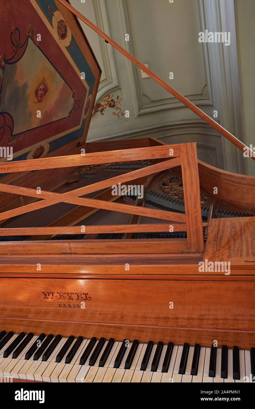 An ancient 'Pleyel' french piano inside the decorative art museum 'Palacio Taranco' in Montevideo, Uruguay. Stock Photo