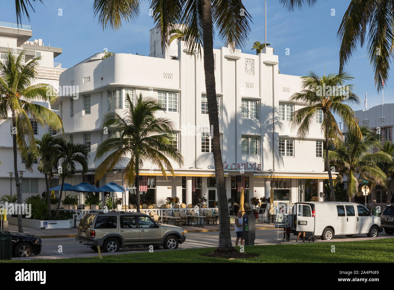 The Art Deco facade of the Carlyle condos on Ocean Drive in South Beach