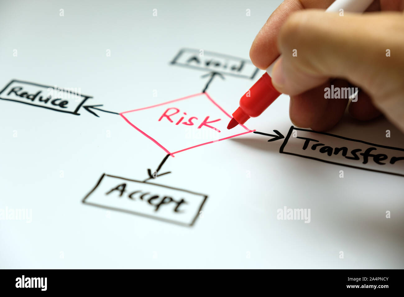 Risk management concept avoid, accept, reduce and transfer Stock Photo