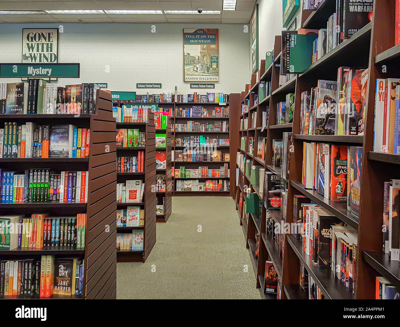 Rows of different colorful books lying on the shelves in the modern