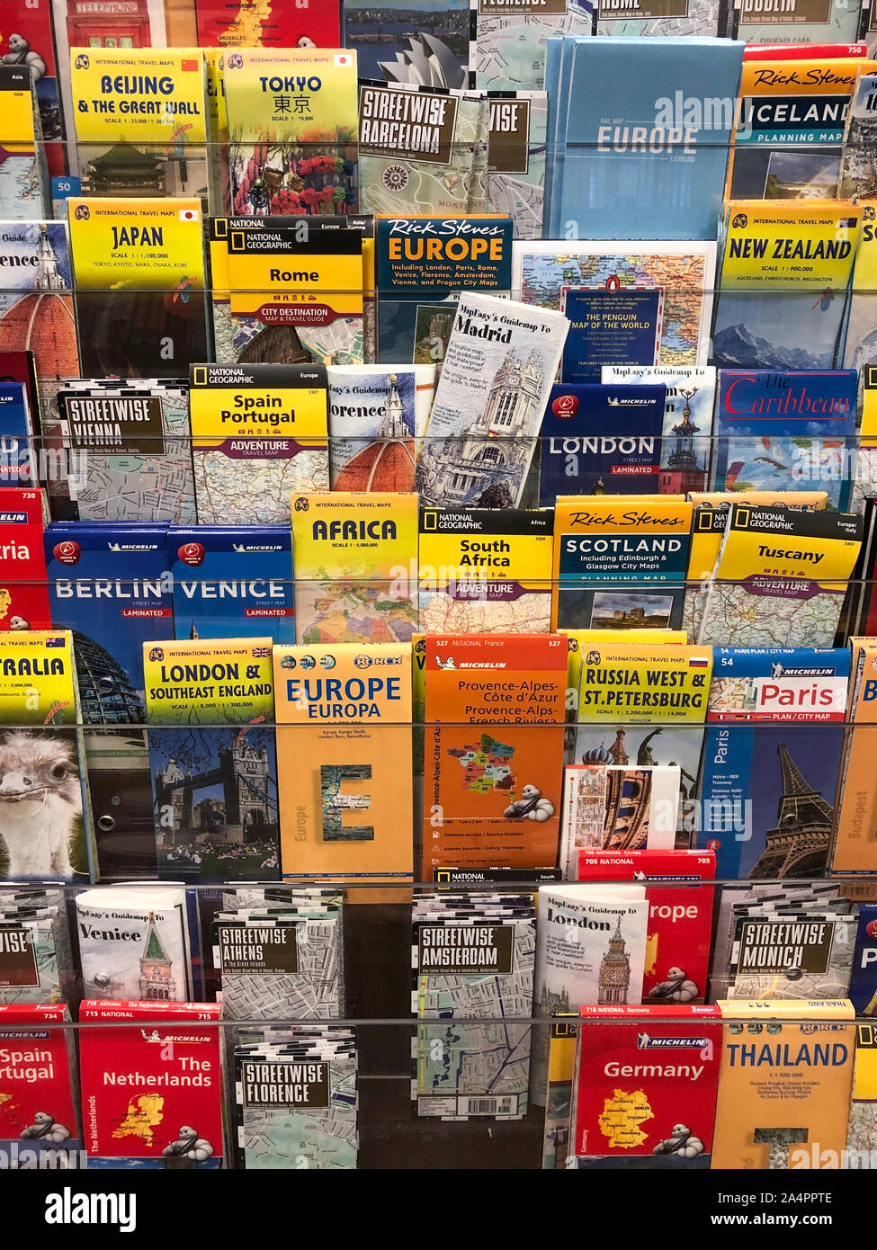 Maps of various countries and cities across the world on display at the store. San Diego, USA