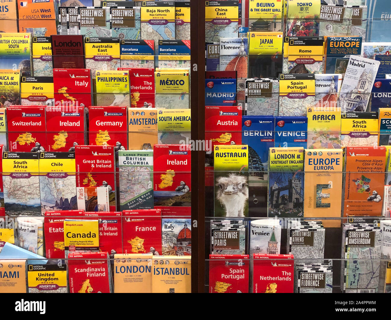 Maps of various countries and cities across the world on display at the store. San Diego, USA