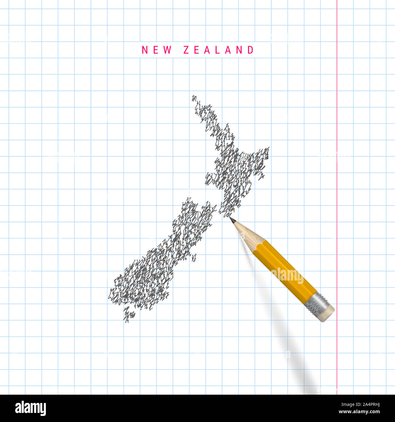 New Zealand sketch scribble map drawn on checkered school notebook ...