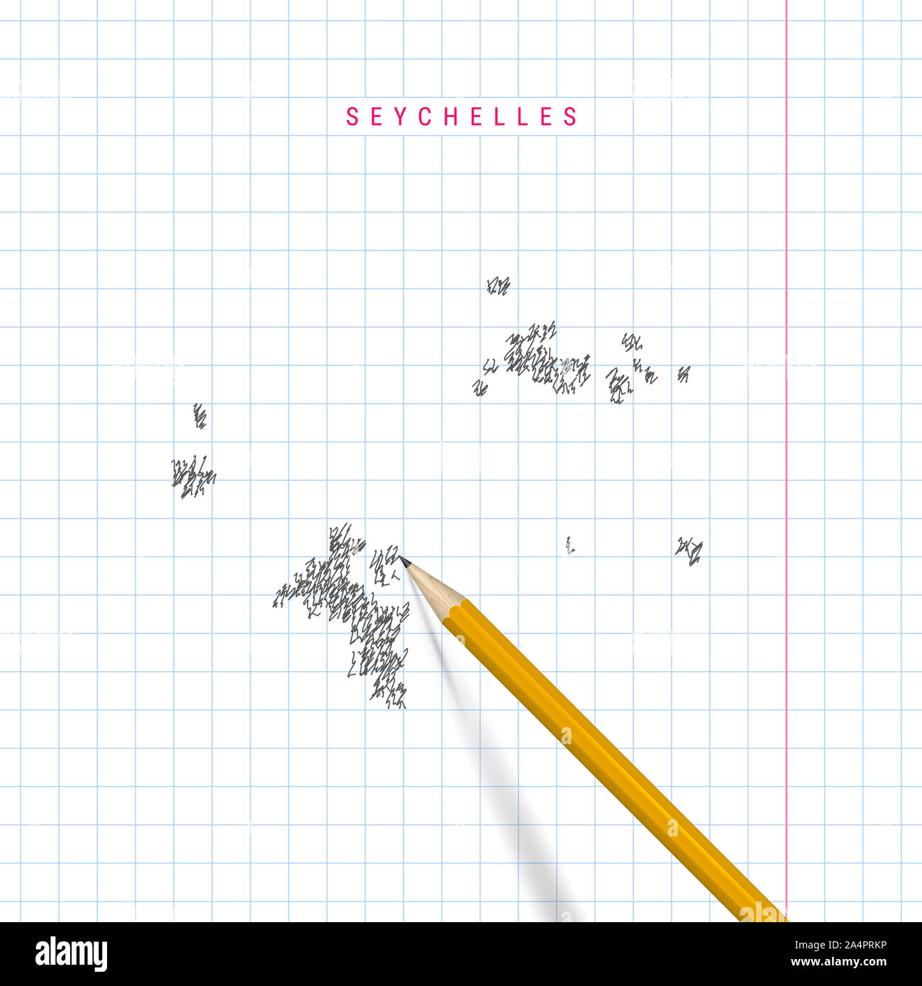 Seychelles sketch scribble map drawn on checkered school notebook paper ...