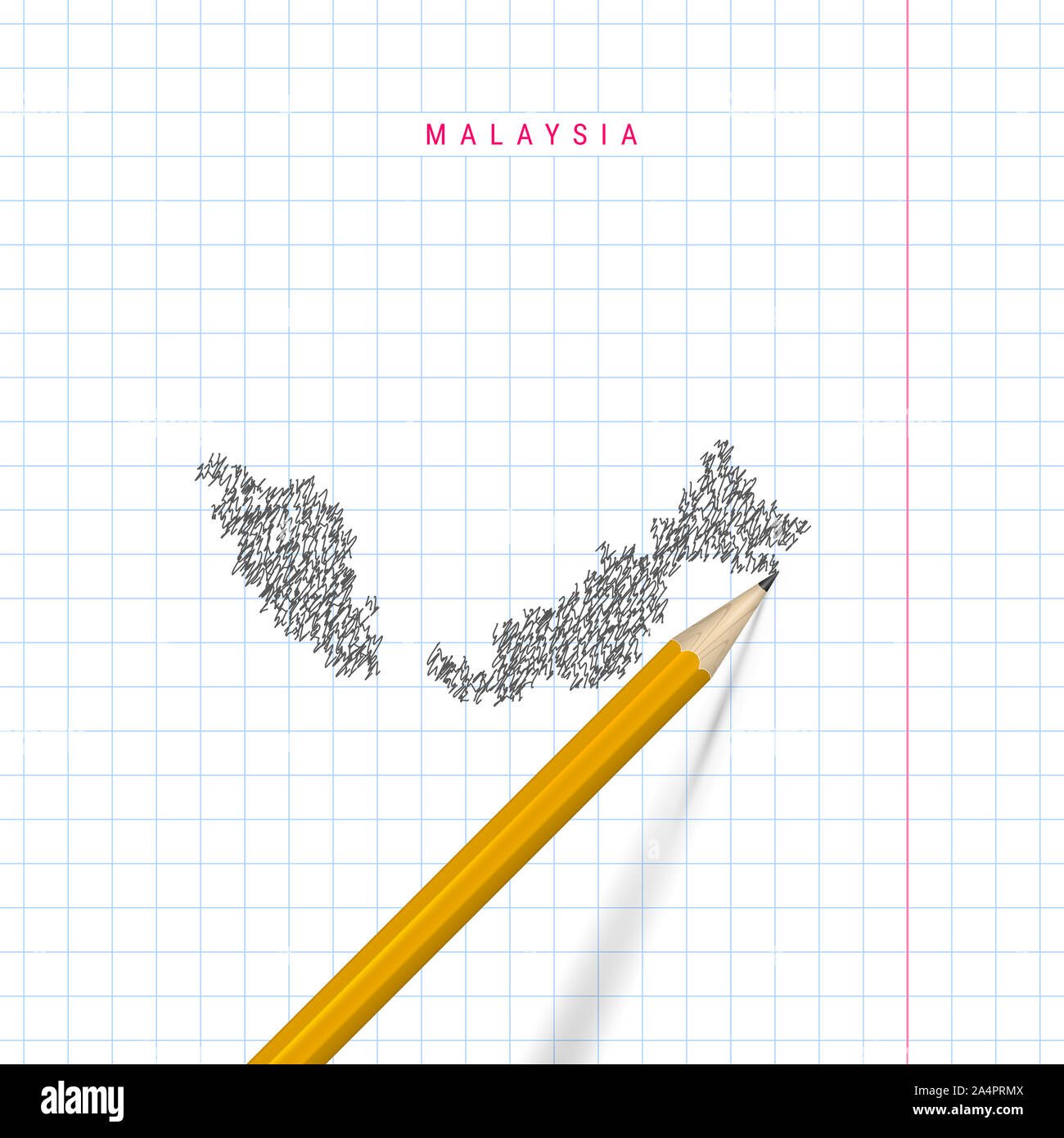 Malaysia sketch scribble map drawn on checkered school notebook paper ...