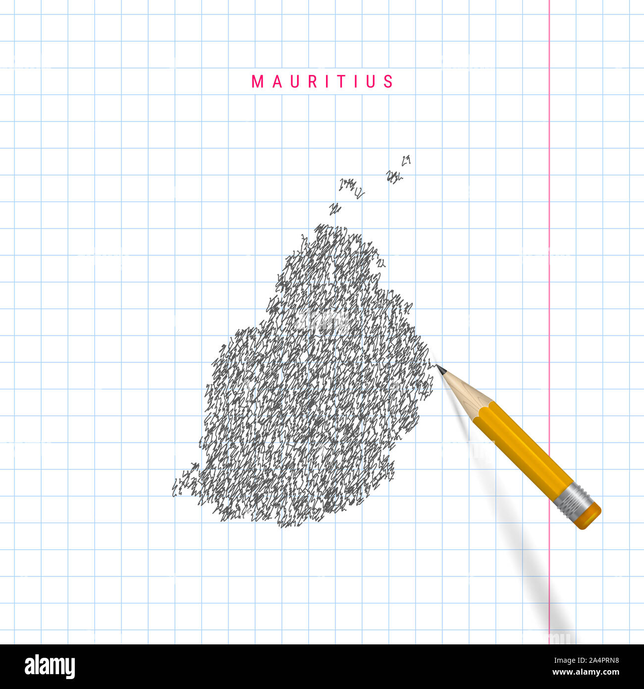 Mauritius sketch scribble map drawn on checkered school notebook paper ...