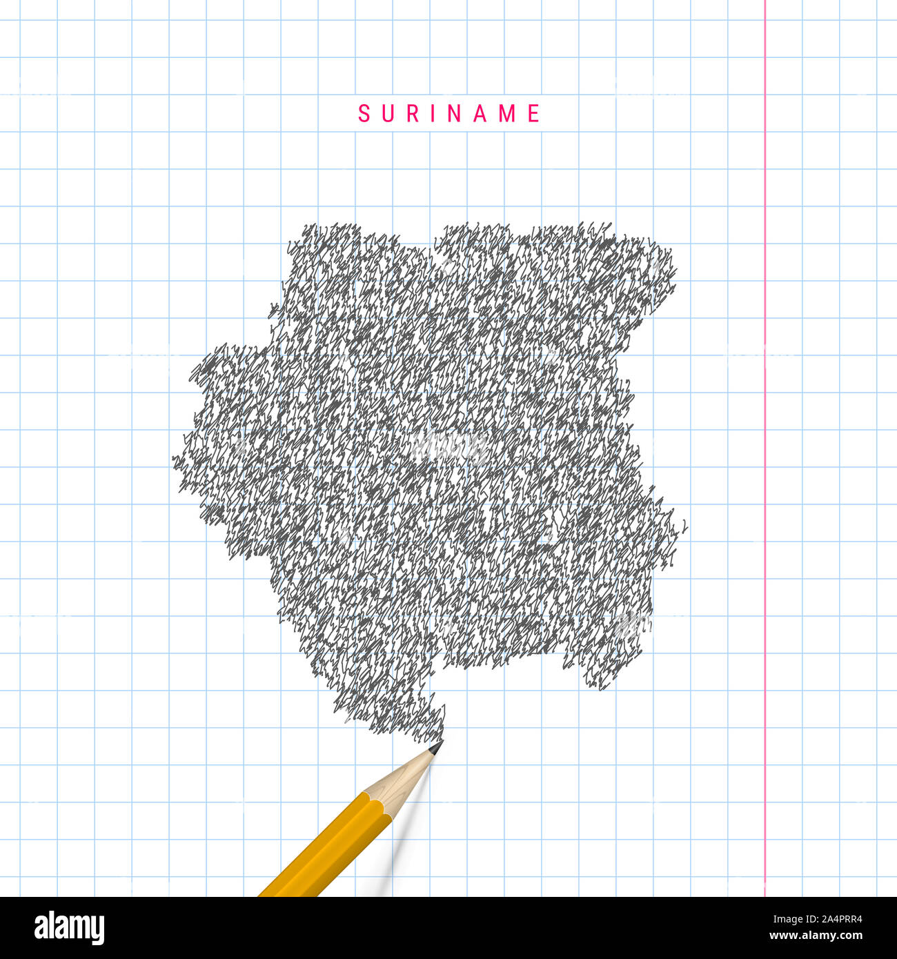 Suriname sketch scribble map drawn on checkered school notebook paper ...