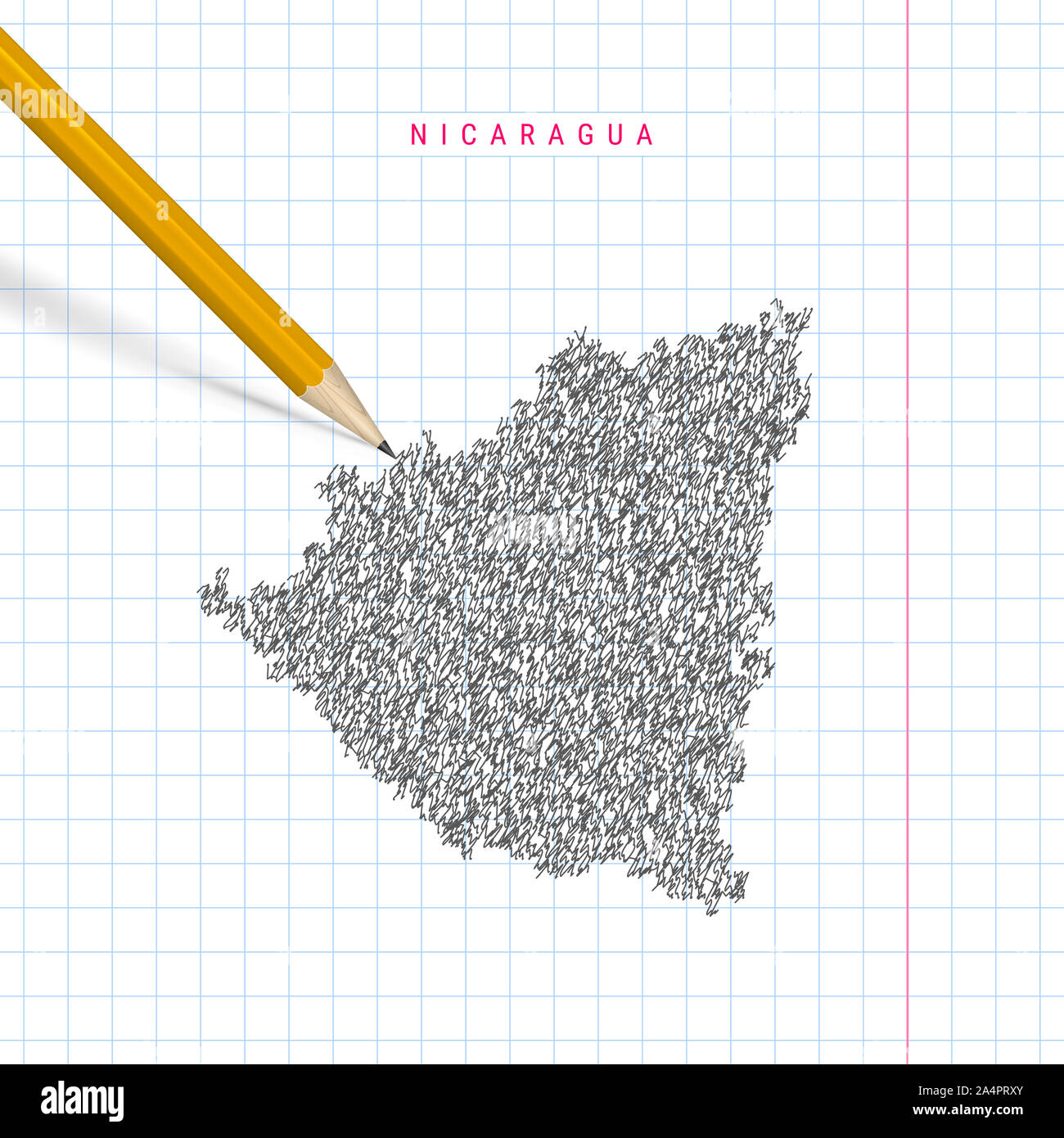Nicaragua sketch scribble map drawn on checkered school notebook paper ...