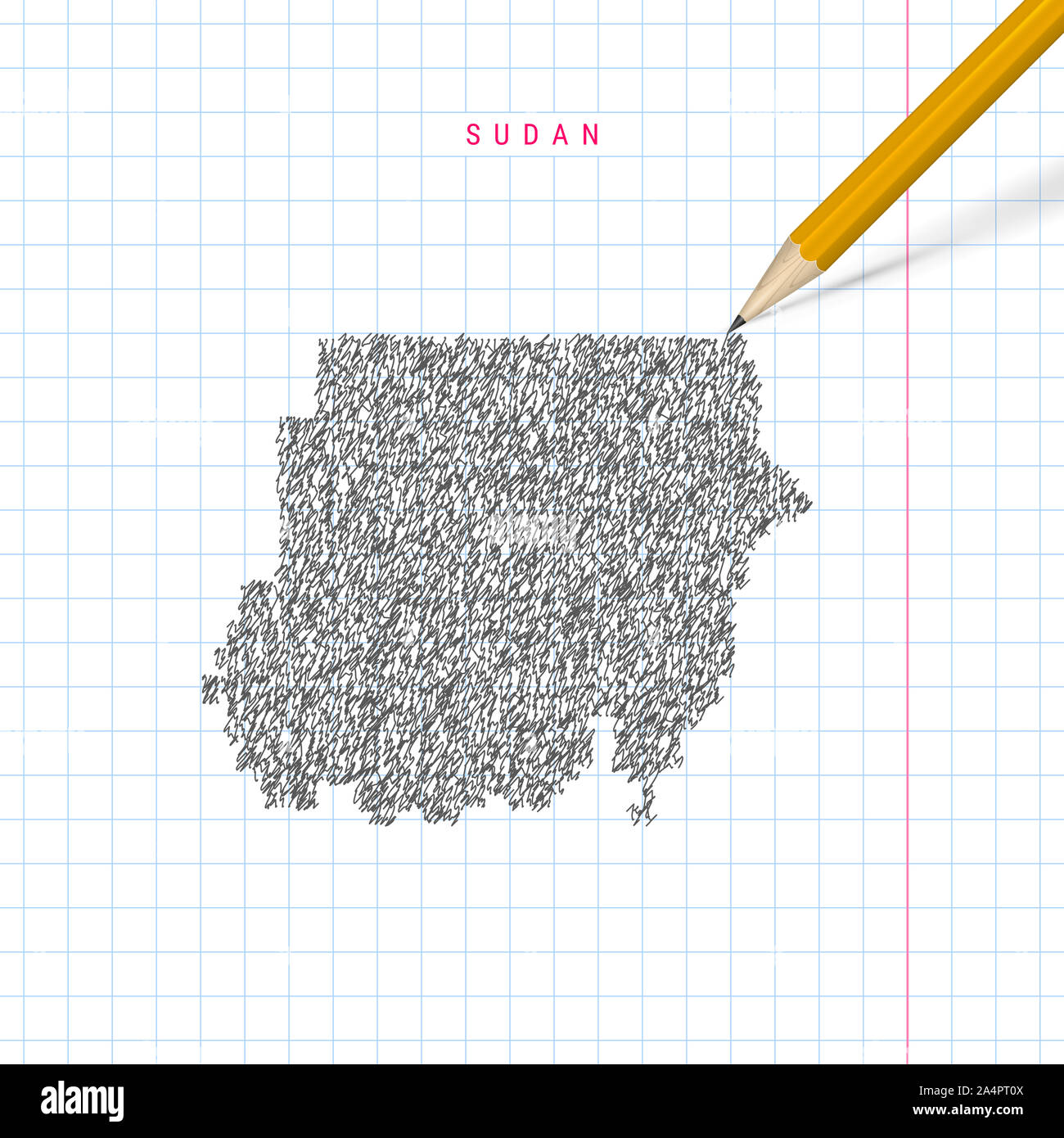 Sudan sketch scribble map drawn on checkered school notebook paper ...