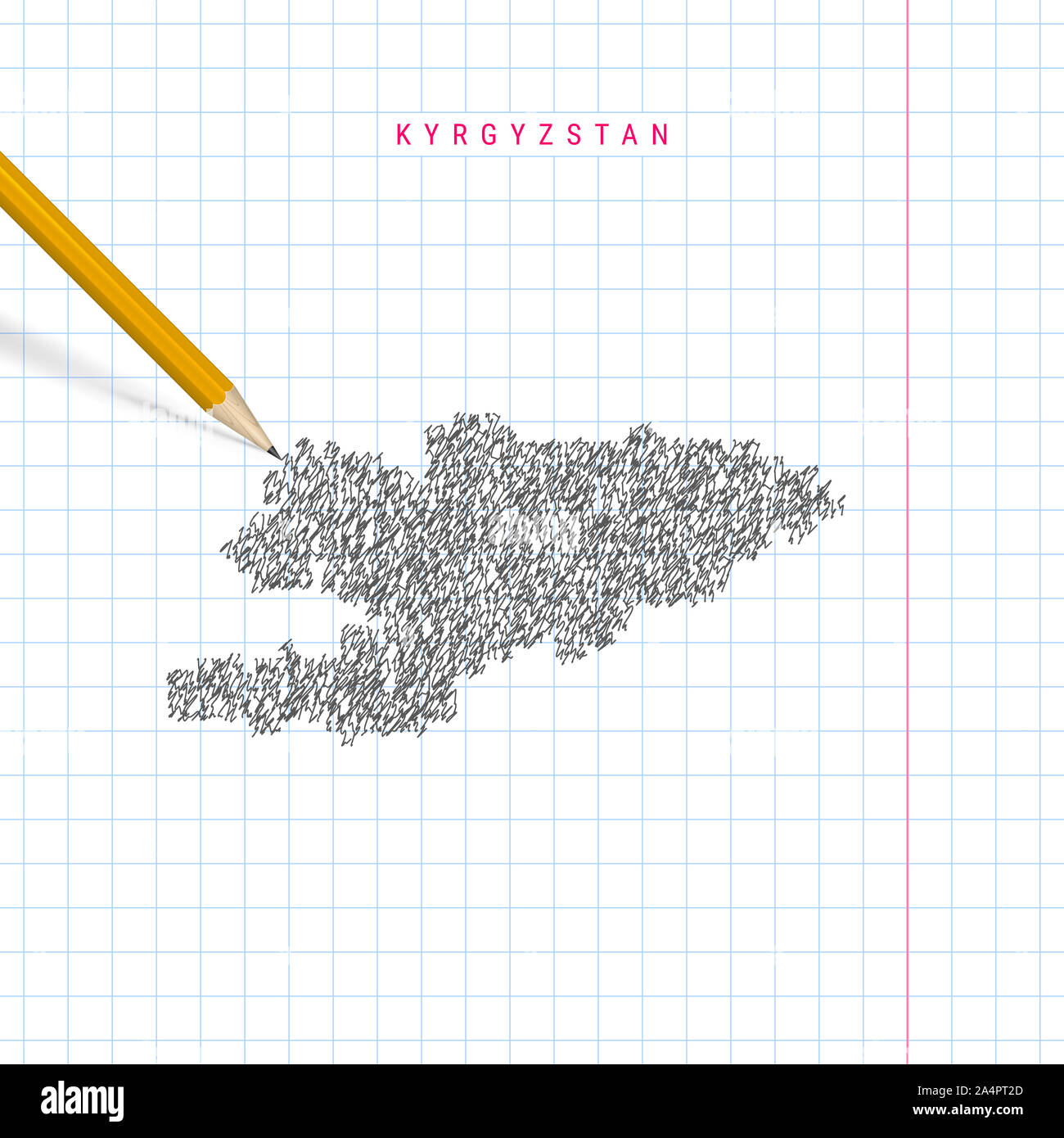 Kyrgyzstan sketch scribble map drawn on checkered school notebook paper ...
