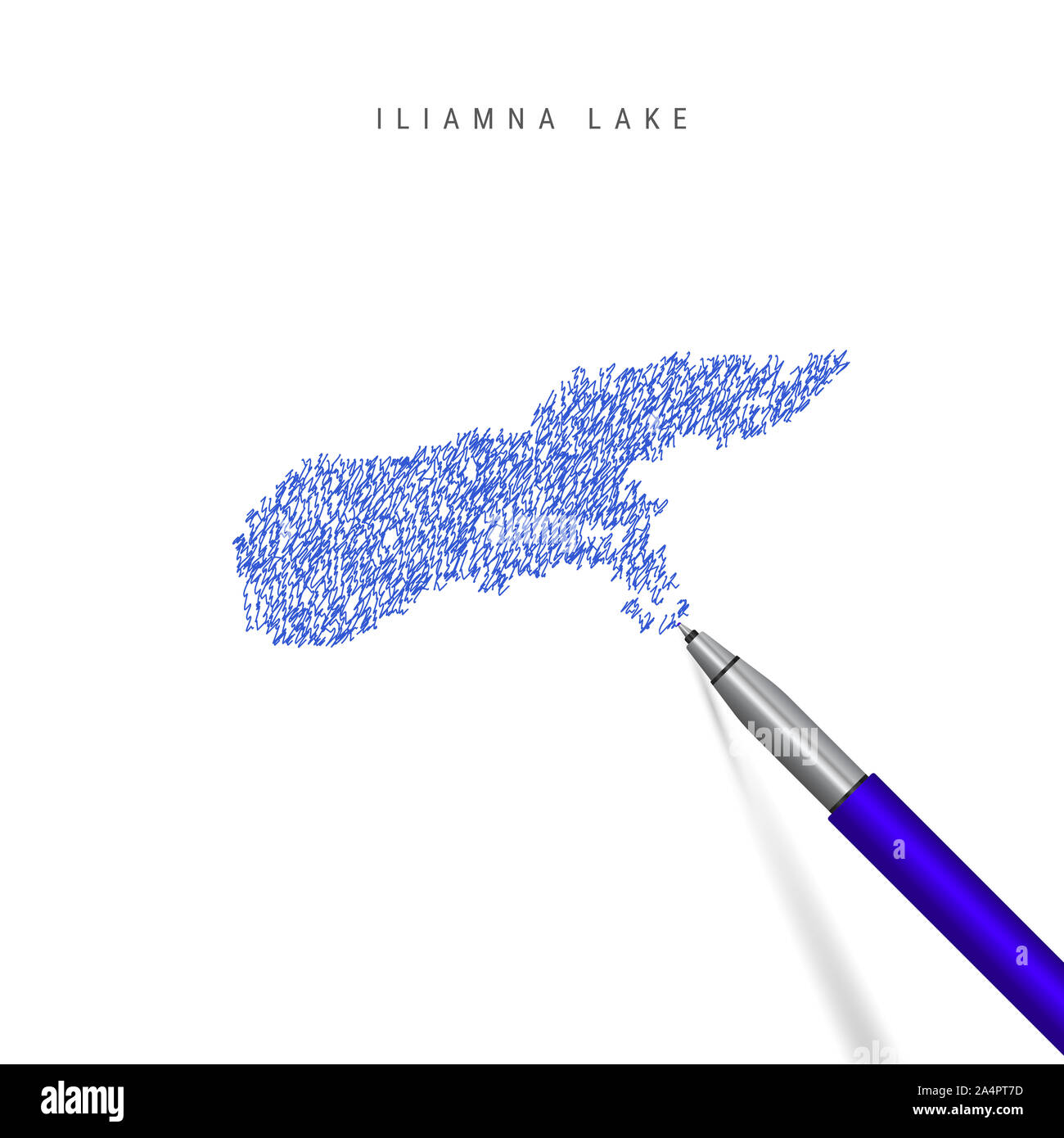 Iliamna Lake sketch scribble map isolated on white background. Hand drawn map of Iliamna Lake. Realistic 3D ballpoint pen or roller pen illustration. Stock Photo