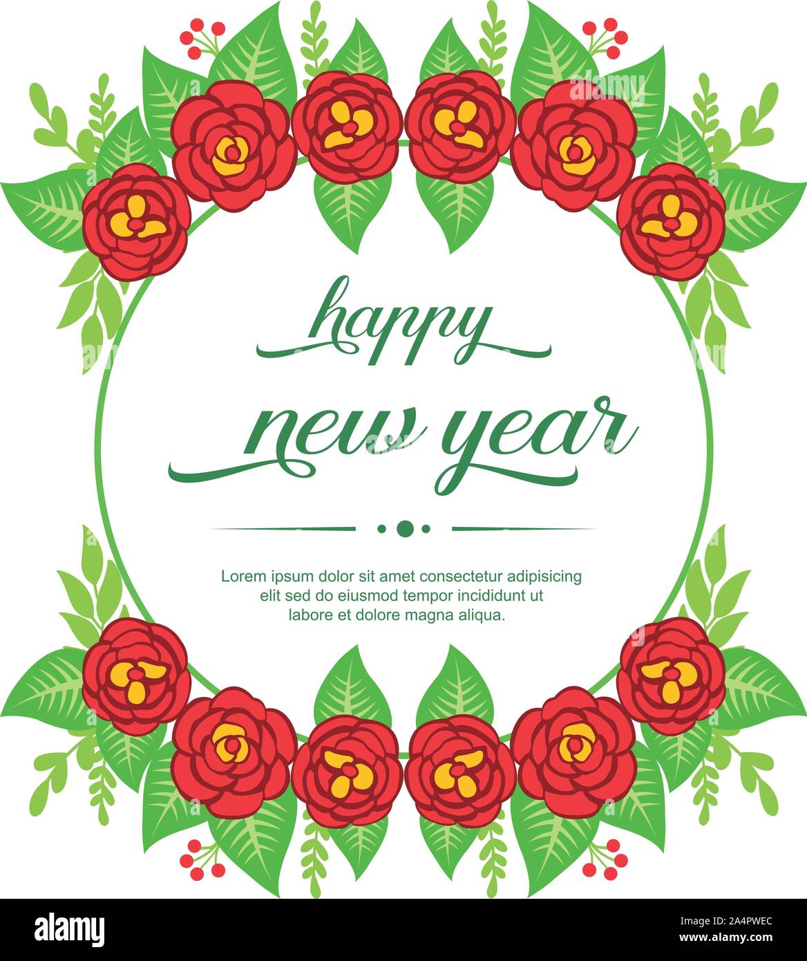 Text happy new year, with red wreath frame background. Vector Stock ...