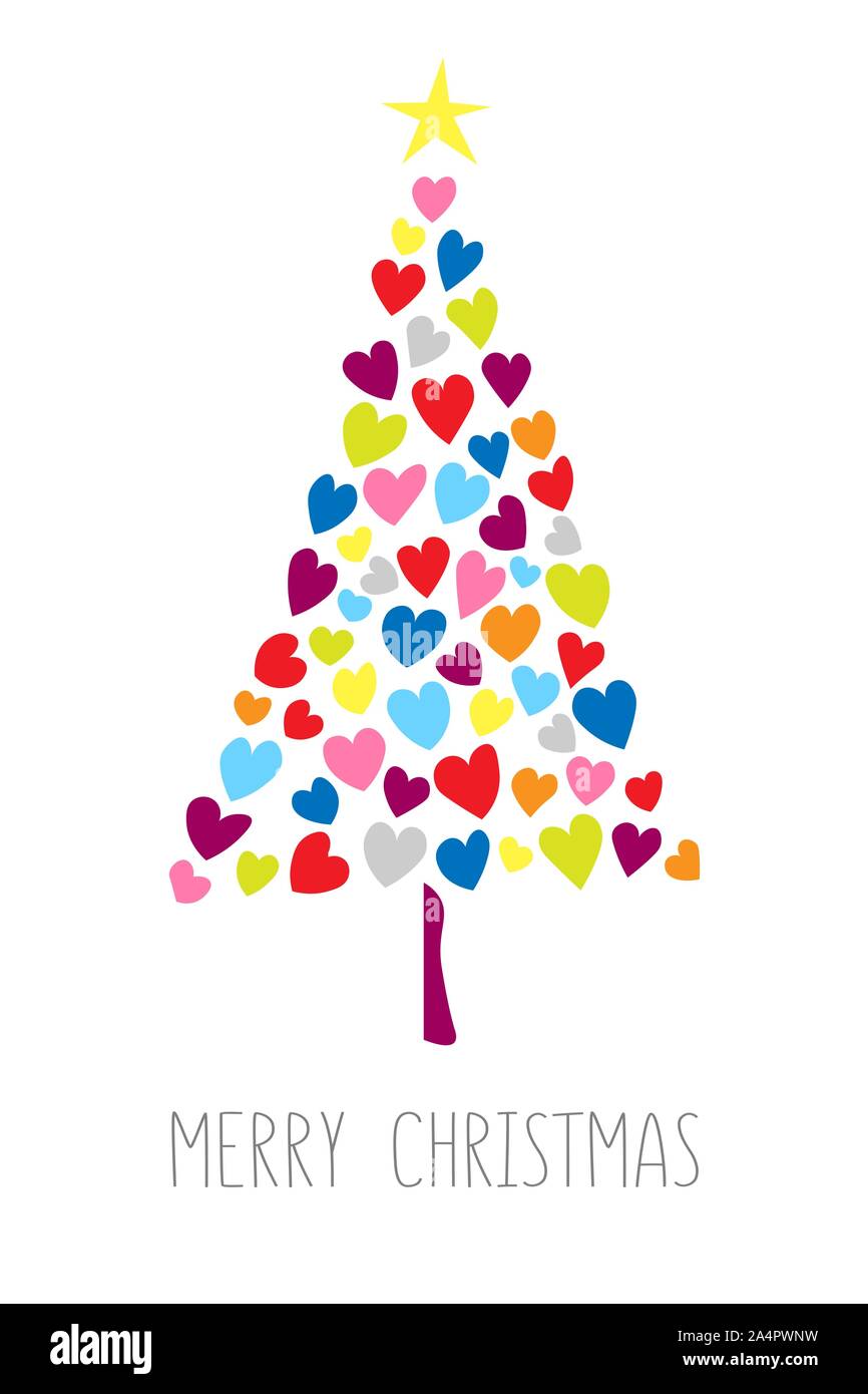 New Year tree made with hearts. Vector card with christmas tree made from hearts and dots. Abstract cute decorative illustration for invitation. Stock Vector