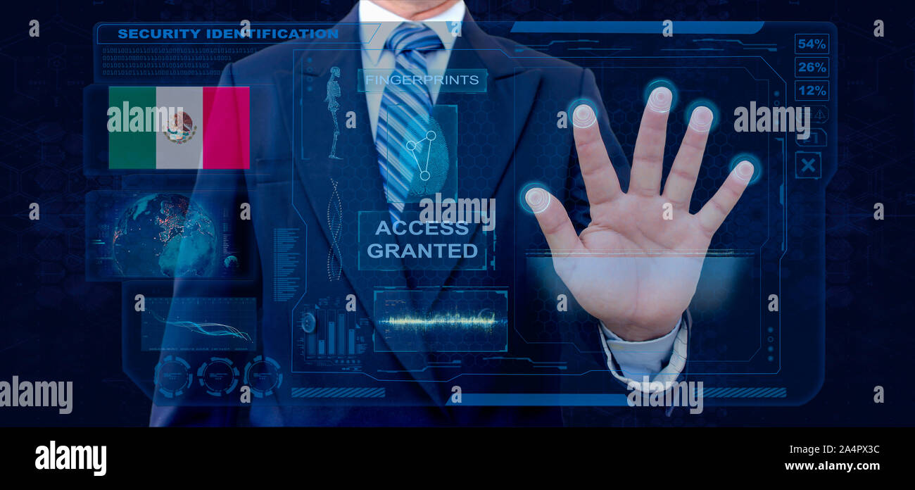 Finger Print Biometric Scanning Identification System. Businessman scan fingerprint biometric identity and approval. Mexico Nationality Stock Photo