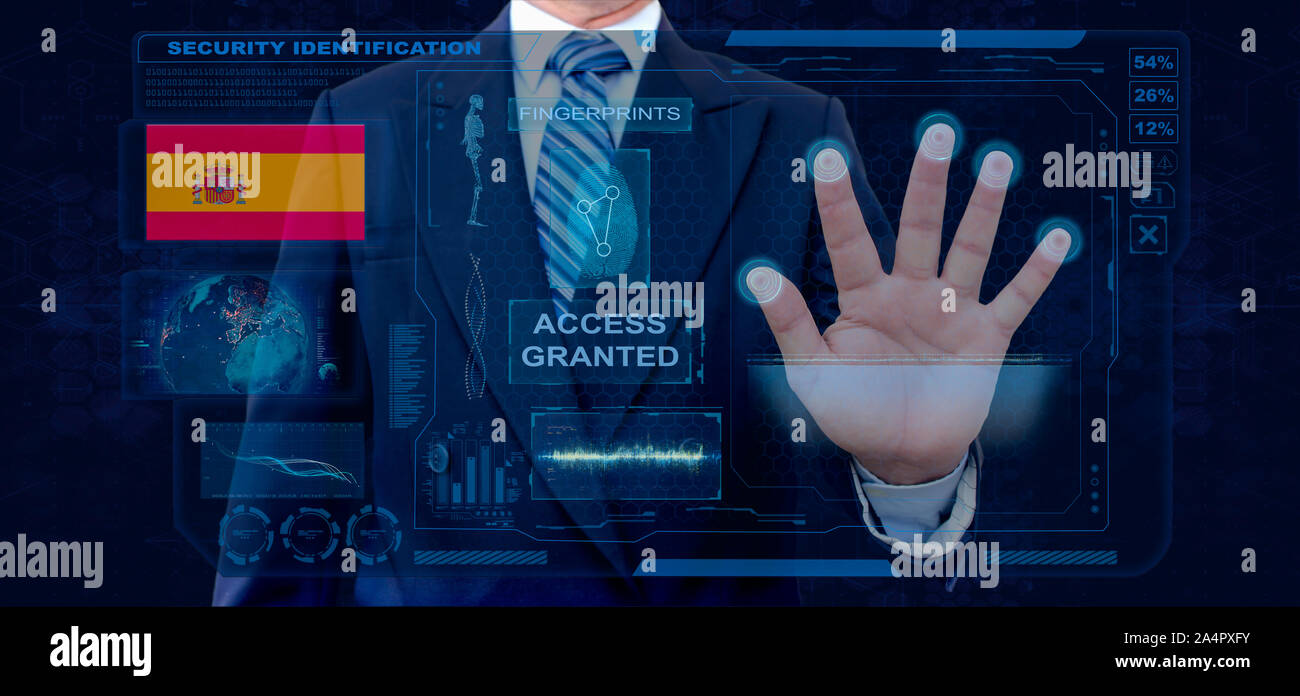 Finger Print Biometric Scanning Identification System. Businessman scan fingerprint biometric identity and approval. Spain Nationality Stock Photo