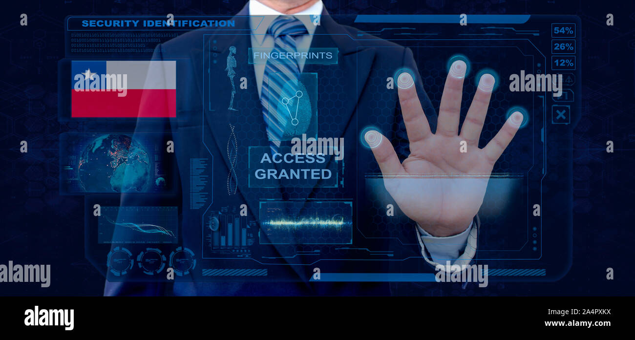 Finger Print Biometric Scanning Identification System. Businessman scan fingerprint biometric identity and approval. Chile Nationality Stock Photo