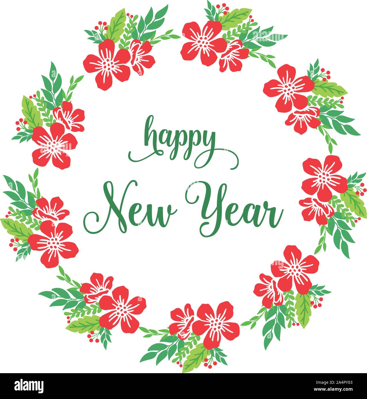 Greeting card happy new year, with wallpaper of red flower frame ...
