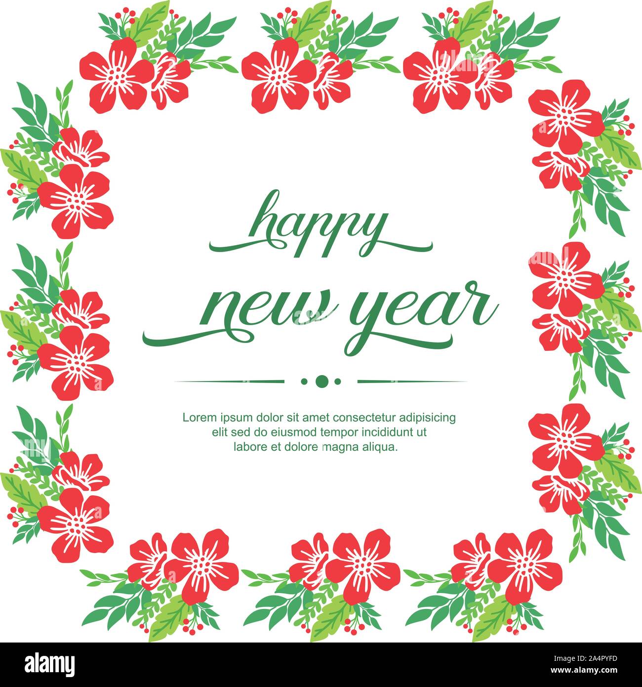 Greeting card happy new year, with wallpaper of red flower frame ...