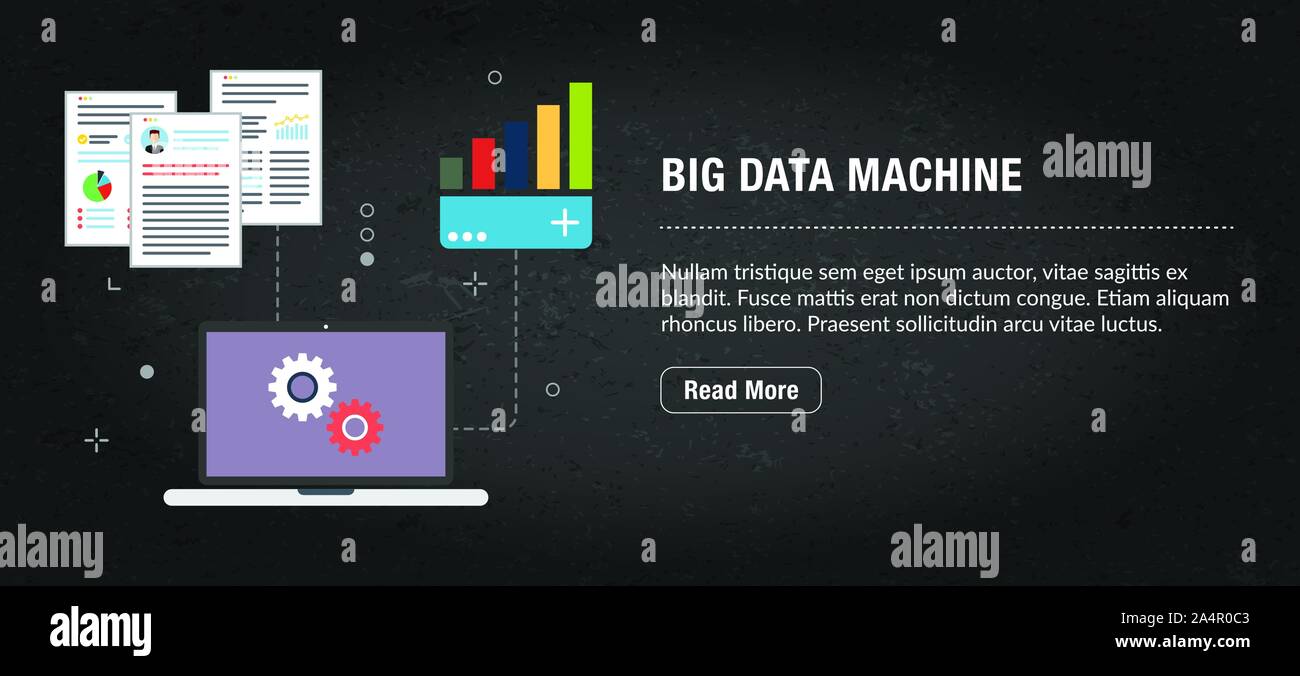 Big data machine concept. Internet banner with icons in vector. Web banner for business, finance, strategy, investment, technology and planning. Stock Vector