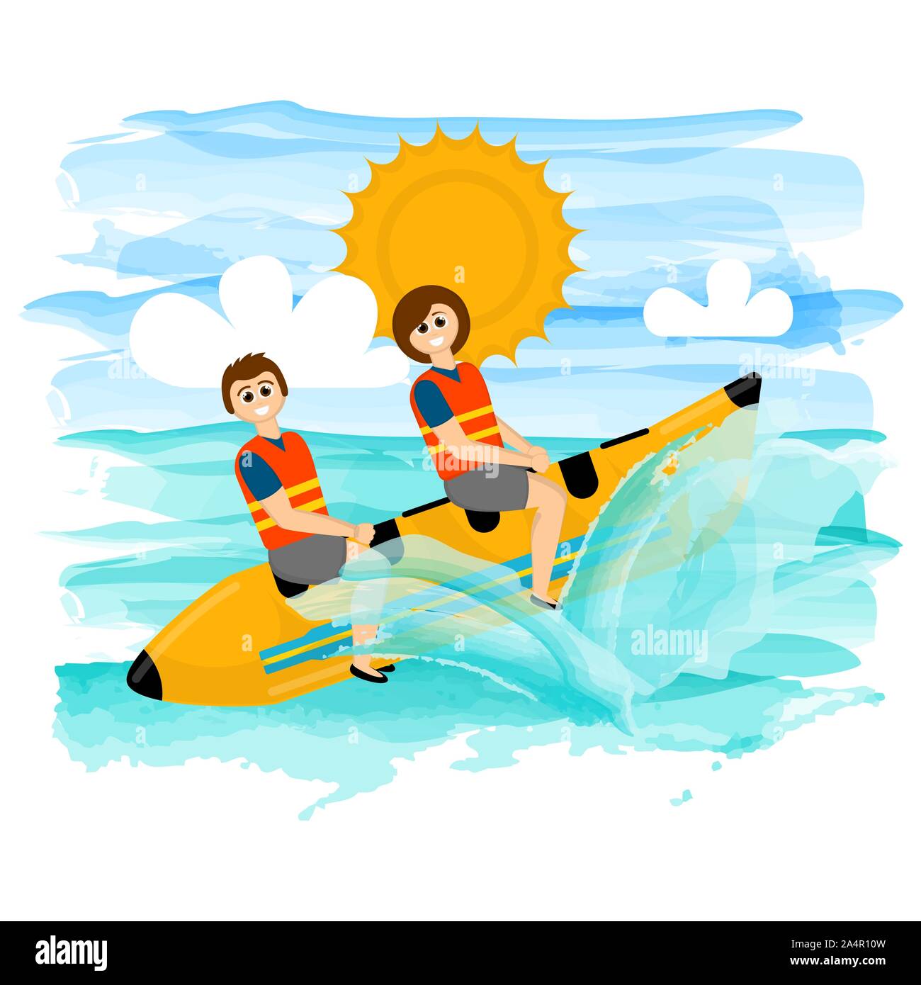 Floating banana boat with a couple on a tropical sea - Vector Stock