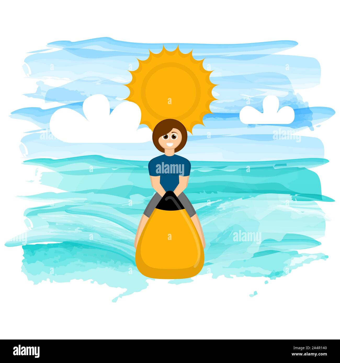 Floating banana boat with a girl on a summer beach Vector Stock