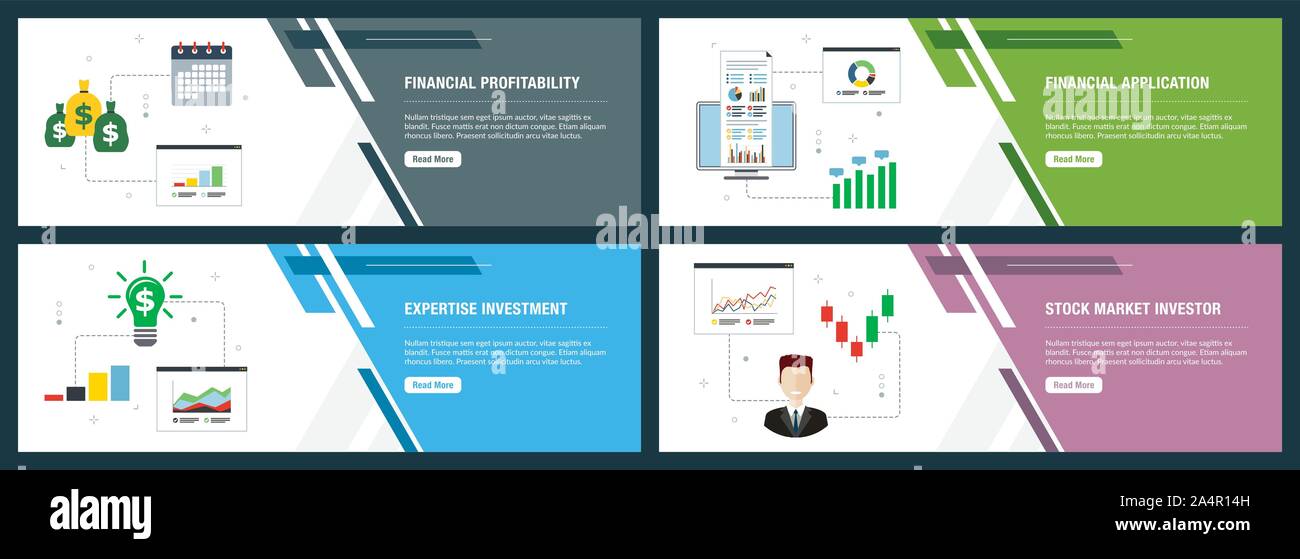 Web banners concept in vector with financial profitability, financial application, expertise investment and stock market investor. Internet website ba Stock Vector