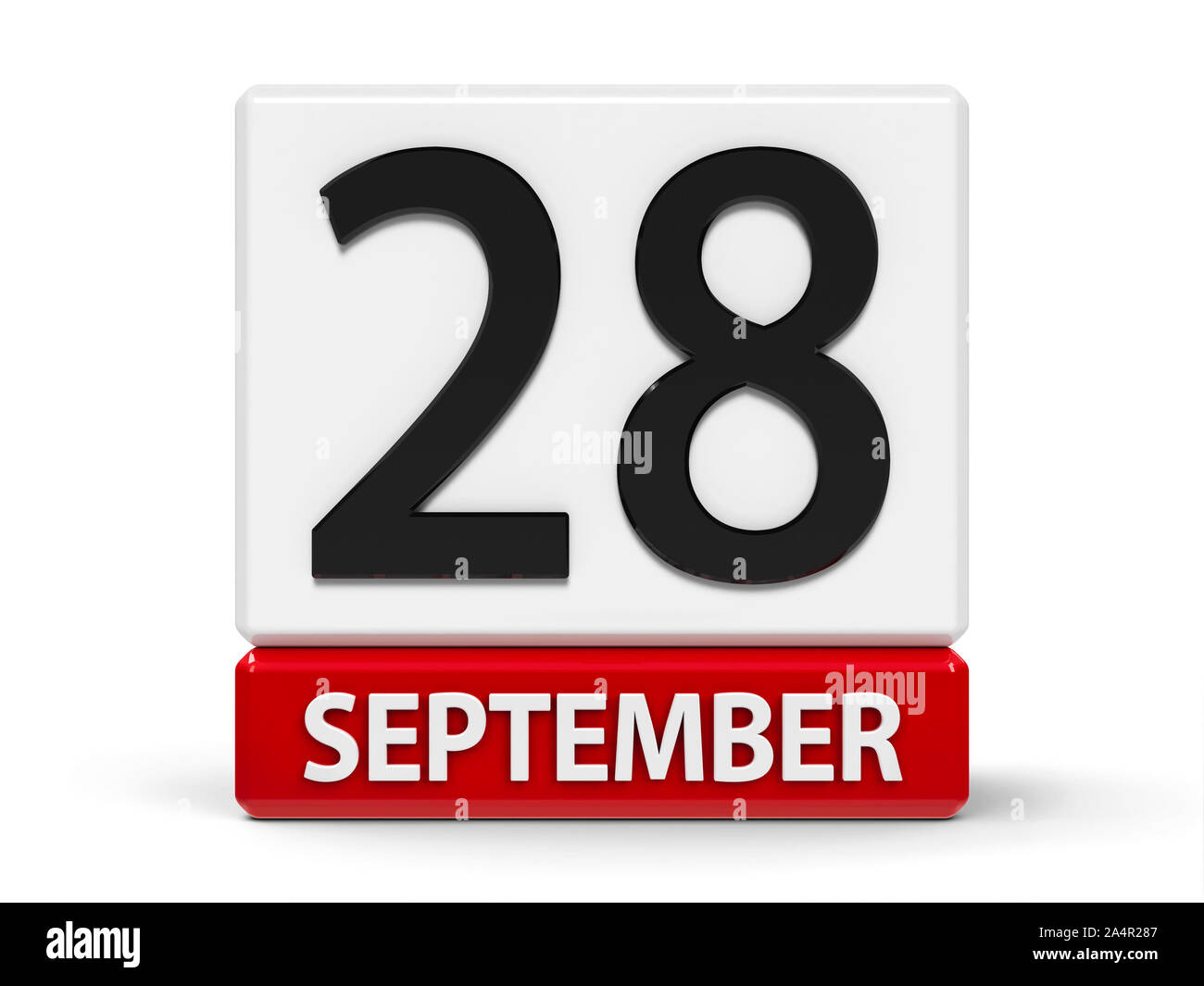 Red and white calendar icon from cubes - The Twenty Eighth of September - on a white table - World Rabies Day, Access to Information Day, three-dimens Stock Photo