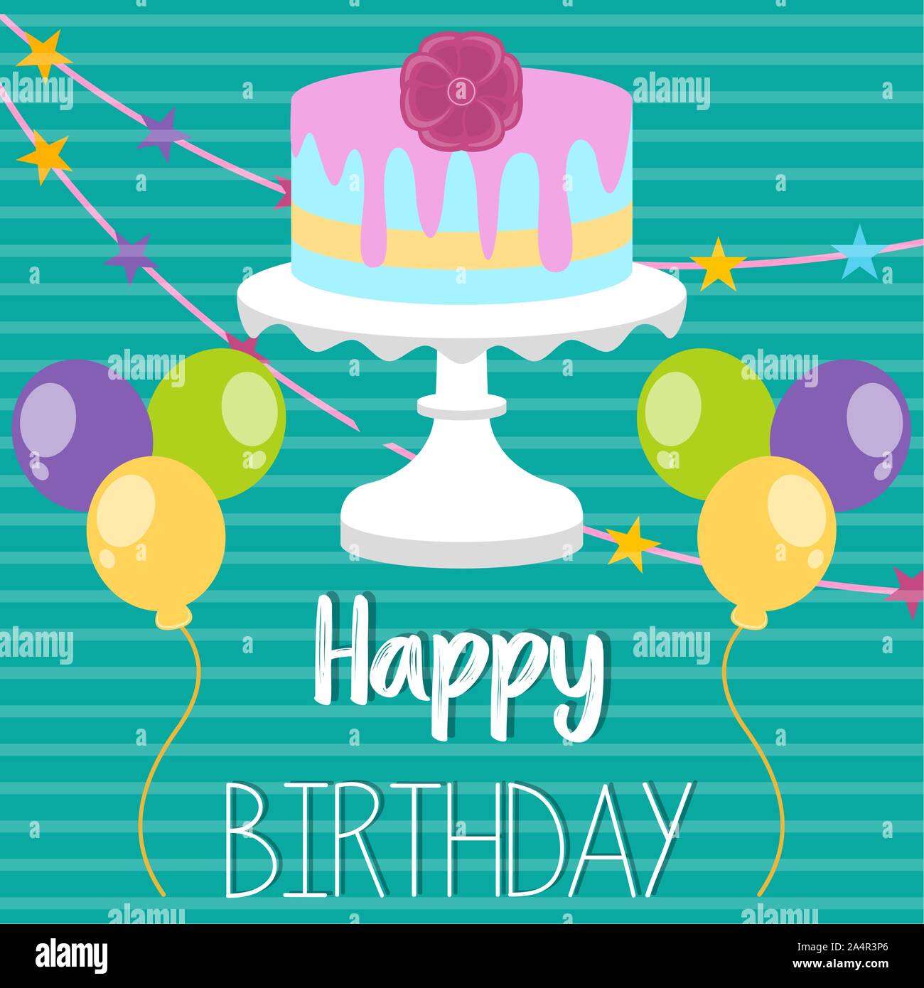 Colored birthday card with a birthday cake and balloons - Vector Stock ...