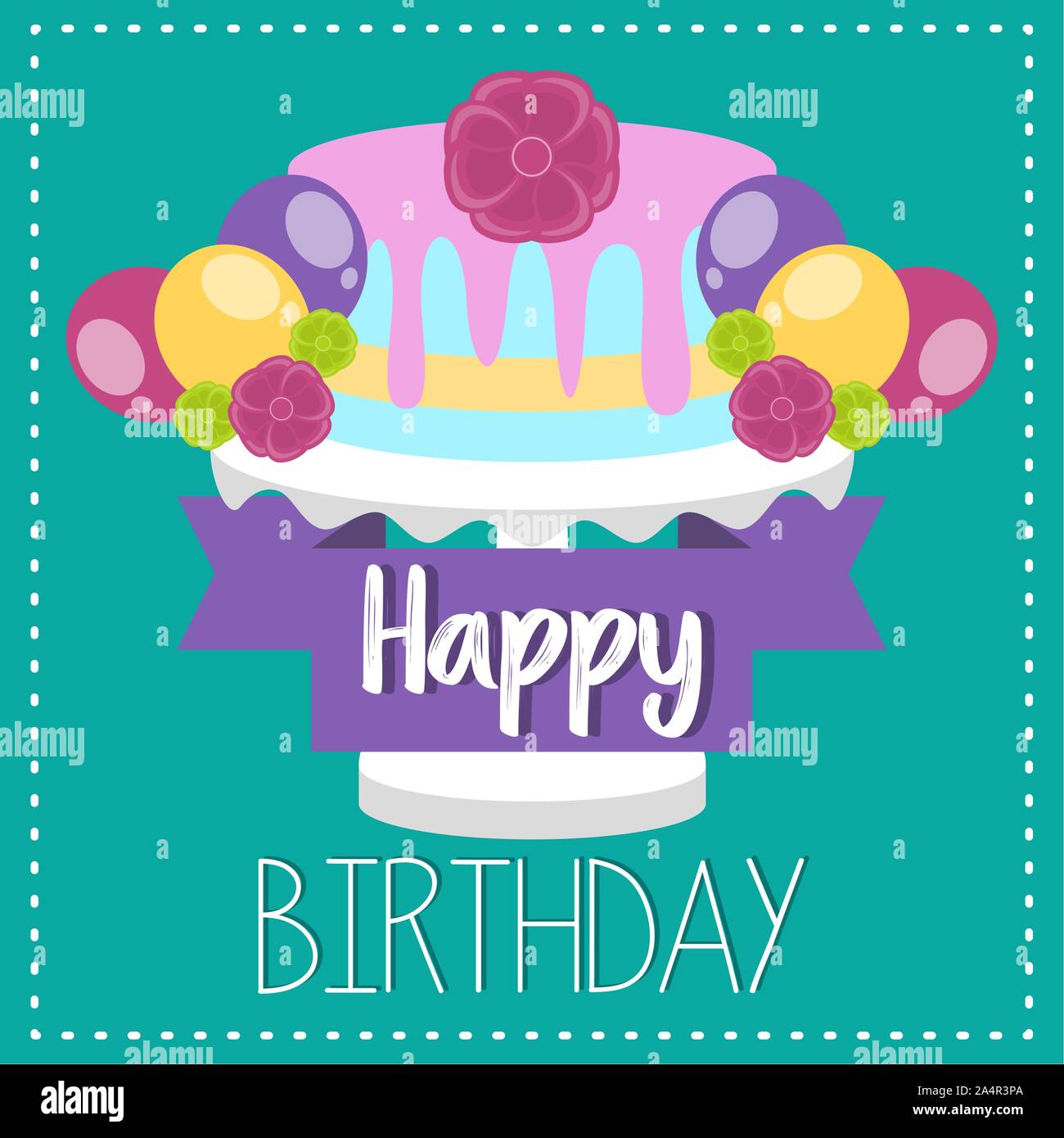 Colored birthday card with a birthday cake and balloons - Vector Stock ...