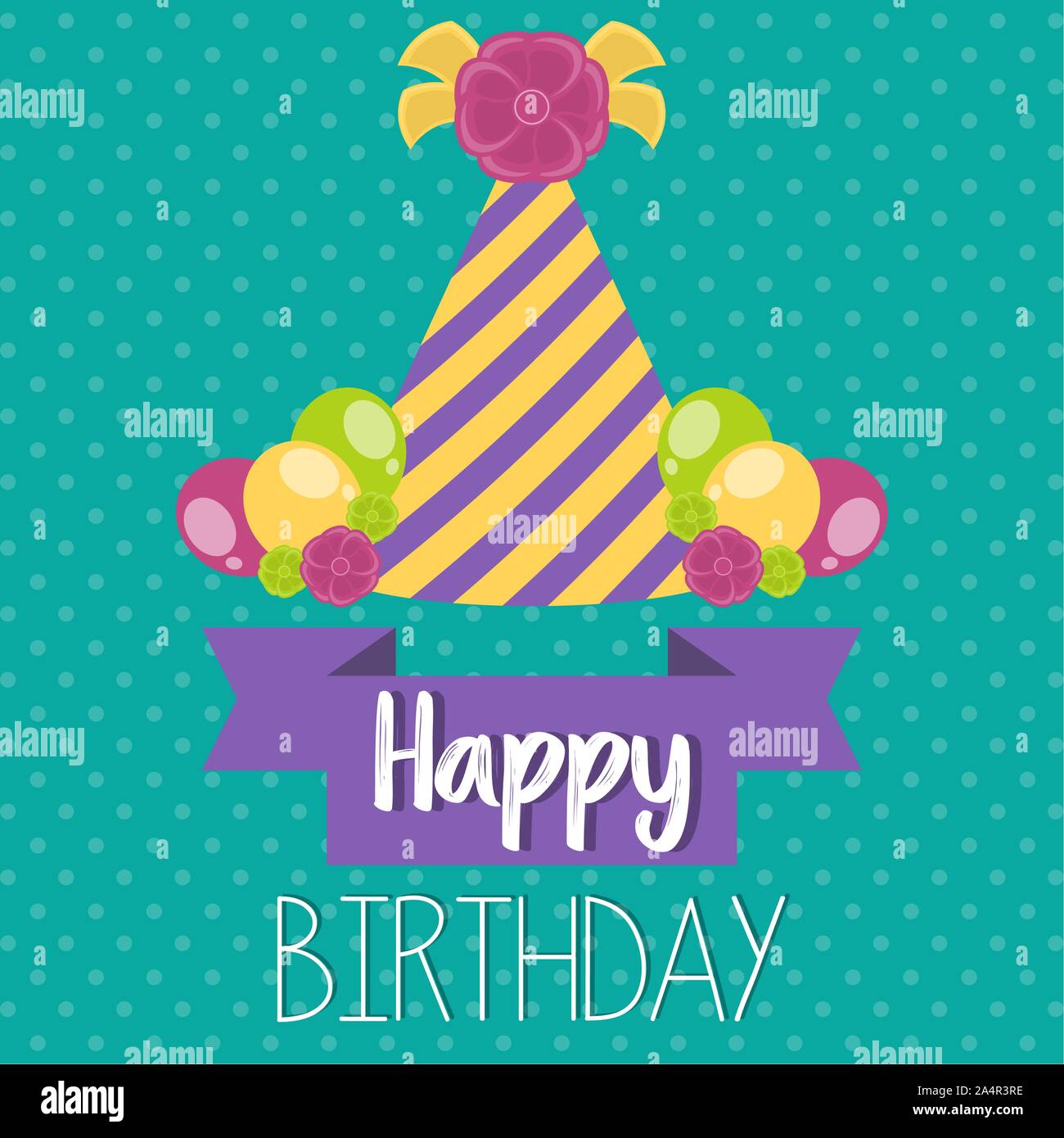 Colored birthday card with a party hat and balloons - Vector Stock ...