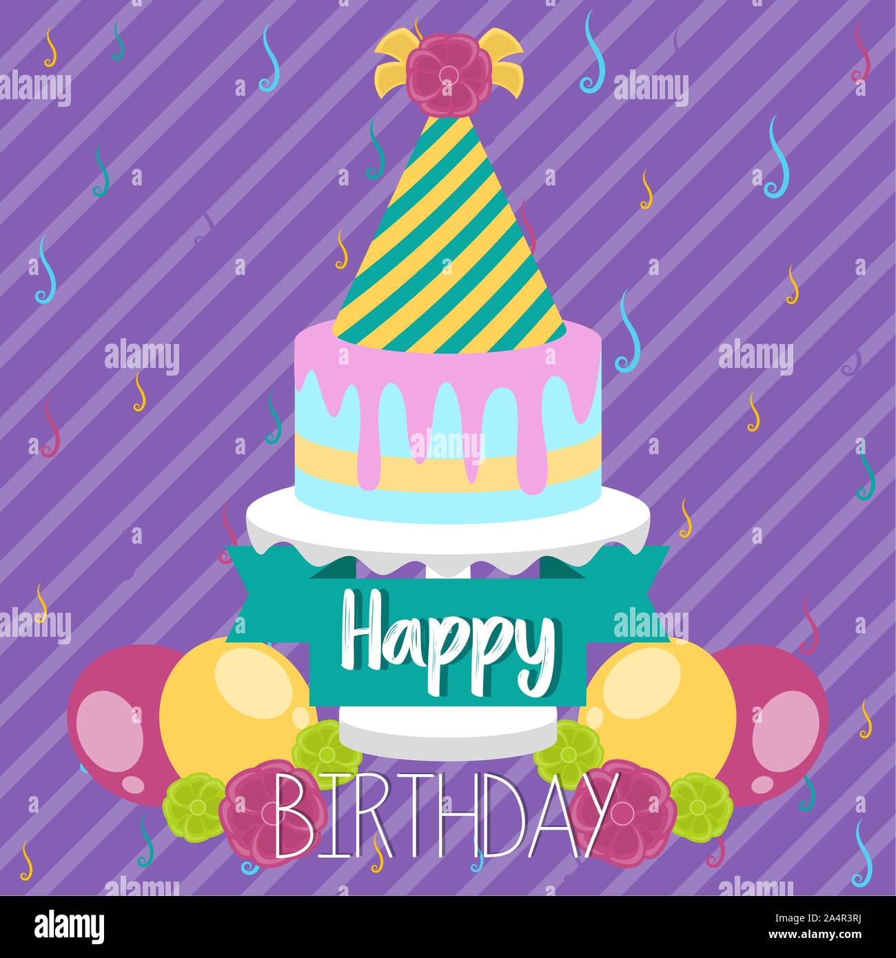 Colored birthday card with a birthday cake, balloons and a party hat ...