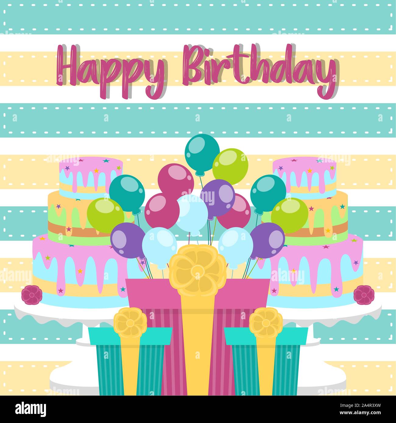 Colored birthday card with presents, cakes and balloons - Vector Stock ...